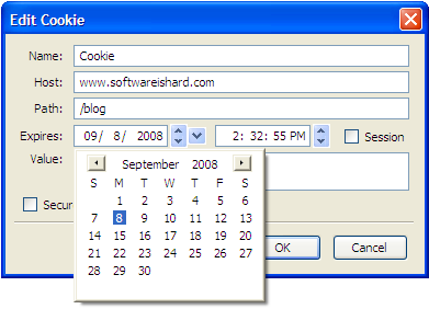 Edit Cookie dialog with date and time pickers